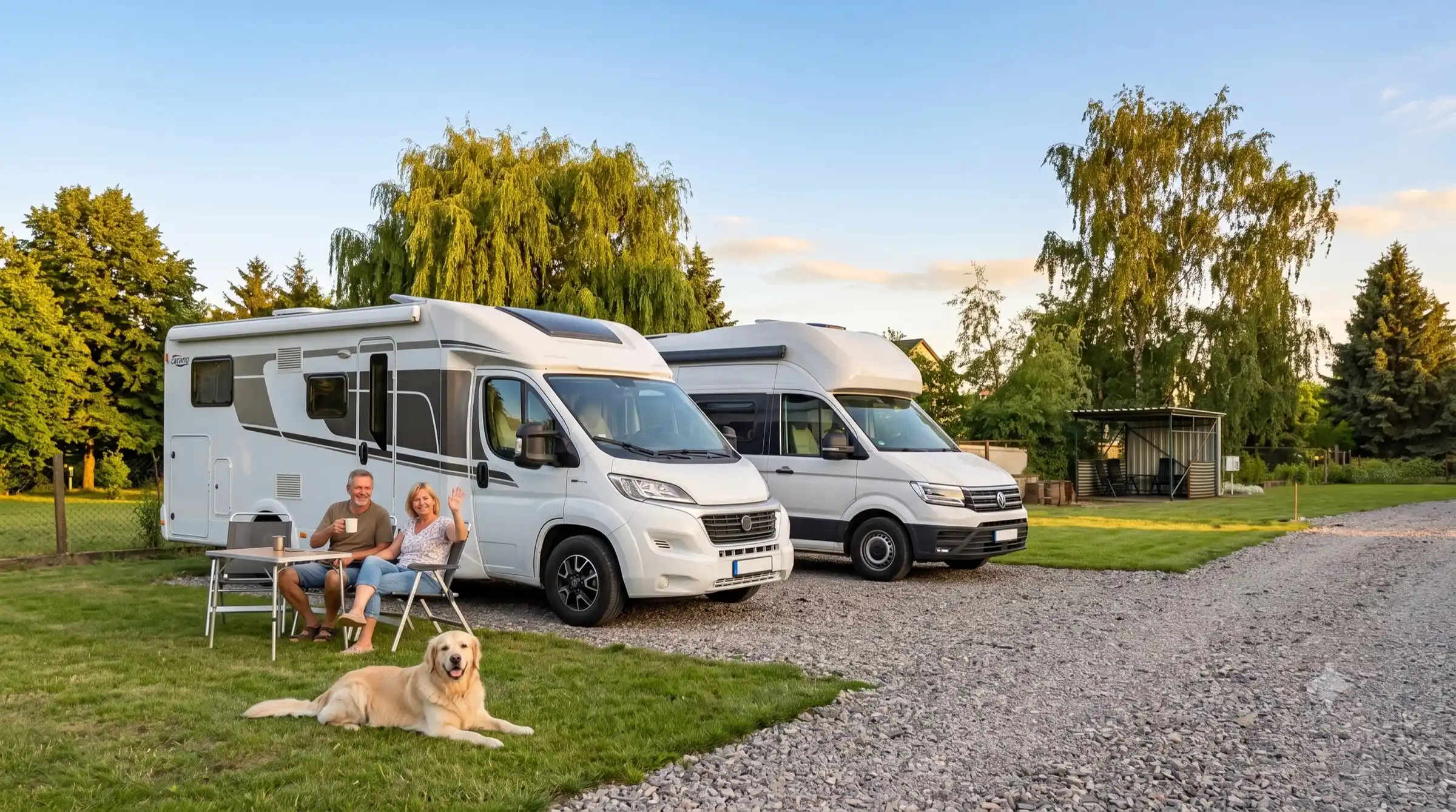 Zwei Wohnmobile auf dem Wohnmobilstellplatz-Dresden bei Sonnenuntergang, ein Paar und ein Hund auf der Wiese